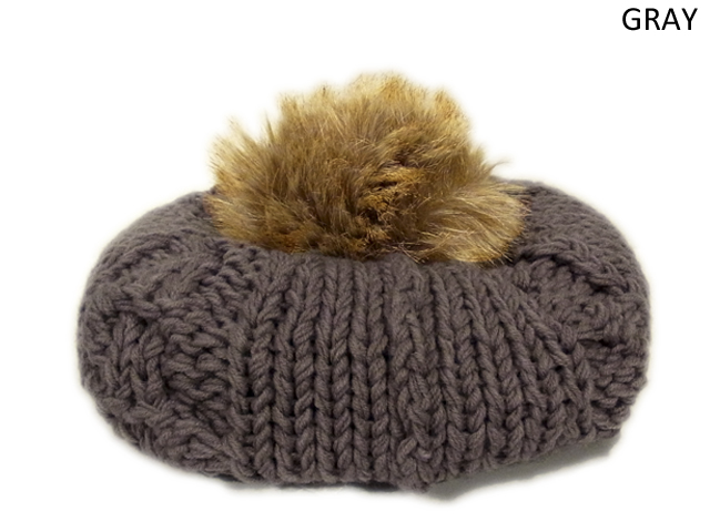 【KNOWLEDGE（ナレッジ）】　Fur Pompon Knit Beret　カラー：グレー